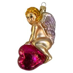 Vintage Christopher Radko 'Heart Ride' 1996 Blown Glass Cupid Angel Ornament